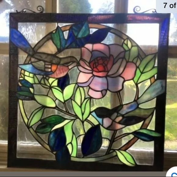 🍀SOLD 🍀Vintage Birds & Flower Leaded Stained Glass 18" - Picture 5 of 8